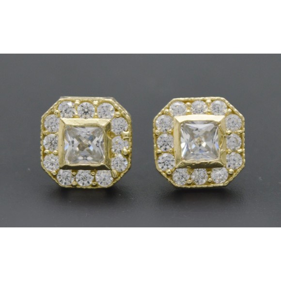 Real 10K Solid Yellow Gold 8.8mm Mens Micro CZ Asscher Cut Stud Earrings 2.0gr - Picture 1 of 6